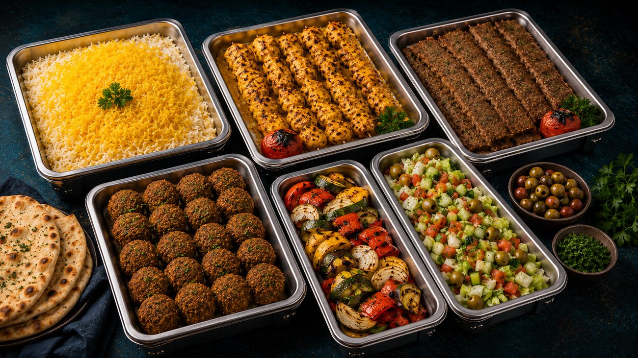 Kabab Cafe catering spread — trays of saffron rice, joojeh, koobideh, falafel, grilled vegetables and salads